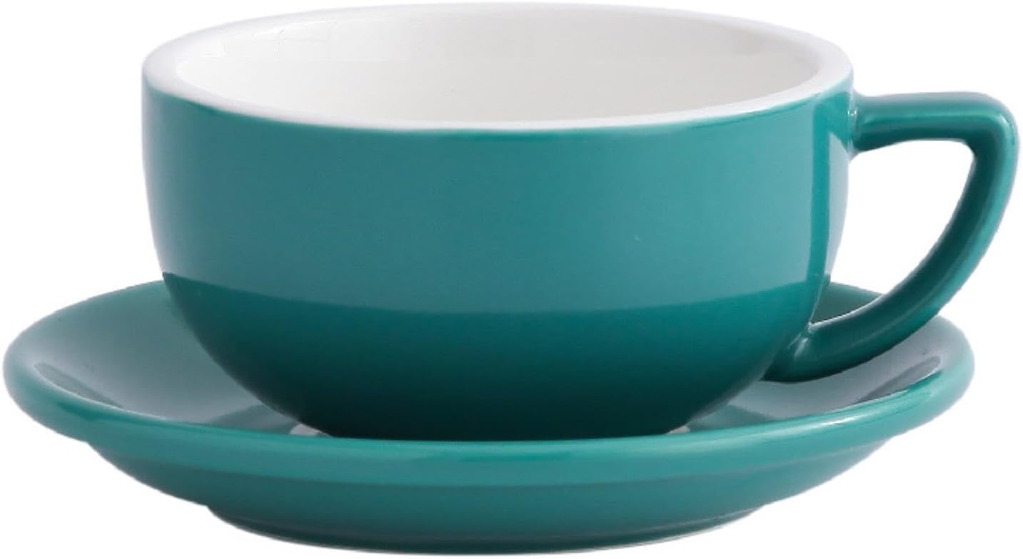 320ml/11oz Embossed Latte Coffee Cup Set, Fancy Large Mouth Wide Mouth American Latte Cup-Bright Lake Blue 320ML Cup Plate